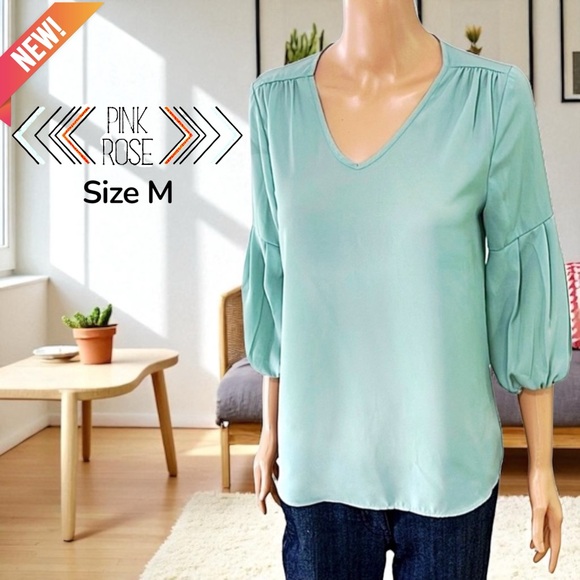 Pink Rose Sage Green V-Neck Balloon 3/4 Sleeves Blouse - Picture 13 of 13